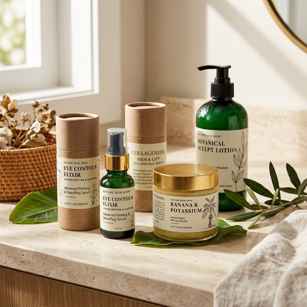 A set of natural skin care products from Nature's Soap arranged on a light stone countertop with dried leaves and a towel. The products include Eye Contour Elixir in a dark green bottle and kraft paper tube, Collagen Firm & Lift in a kraft paper tube, Banana & Potassium face cream in a gold jar, and Botanical Sculpt Lotion in a dark green pump bottle.