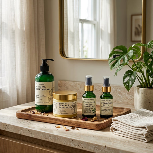 A set of botanical skincare products arranged on a wooden tray on a marble bathroom counter, with a mirror, curtains, and a potted plant in the background.