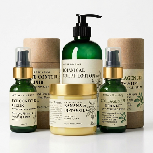 A skincare set from Nature Skin Shop arranged on a white background, including two green pump bottles, one green bottle with a black pump, one gold jar, and two brown kraft paper tubes.
