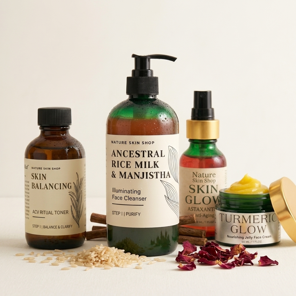 A curated skincare set from Nature Skin Shop arranged on a light beige surface with loose rice grains and dried rose petals. The set includes an amber bottle of Skin Balancing Acy Ritual Toner, a large green bottle of Ancestral Rice Milk & Manjistha Illuminating Face Cleanser with a black pump, a green bottle of Skin Glow Astaxanthic facial toner with a gold spray cap, and a small jar of Turmeric Glow nourishing face cream with a gold lid.