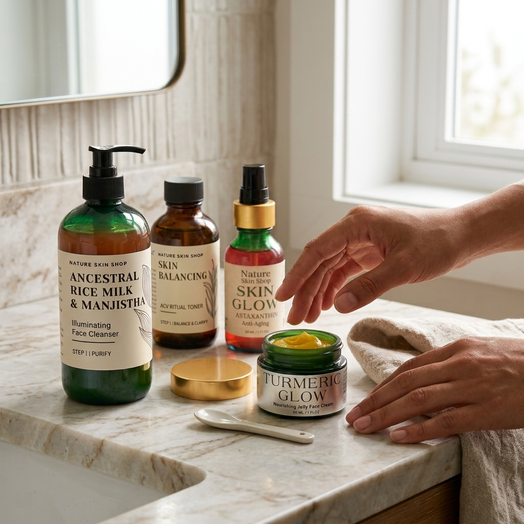 A bathroom countertop scene showing several skincare products from Nature's Skin Soak, including Ancestral Rice Milk & Manjistral, Skin Balancing, and Turmeric Glow, with a person's hands reaching toward the jar.