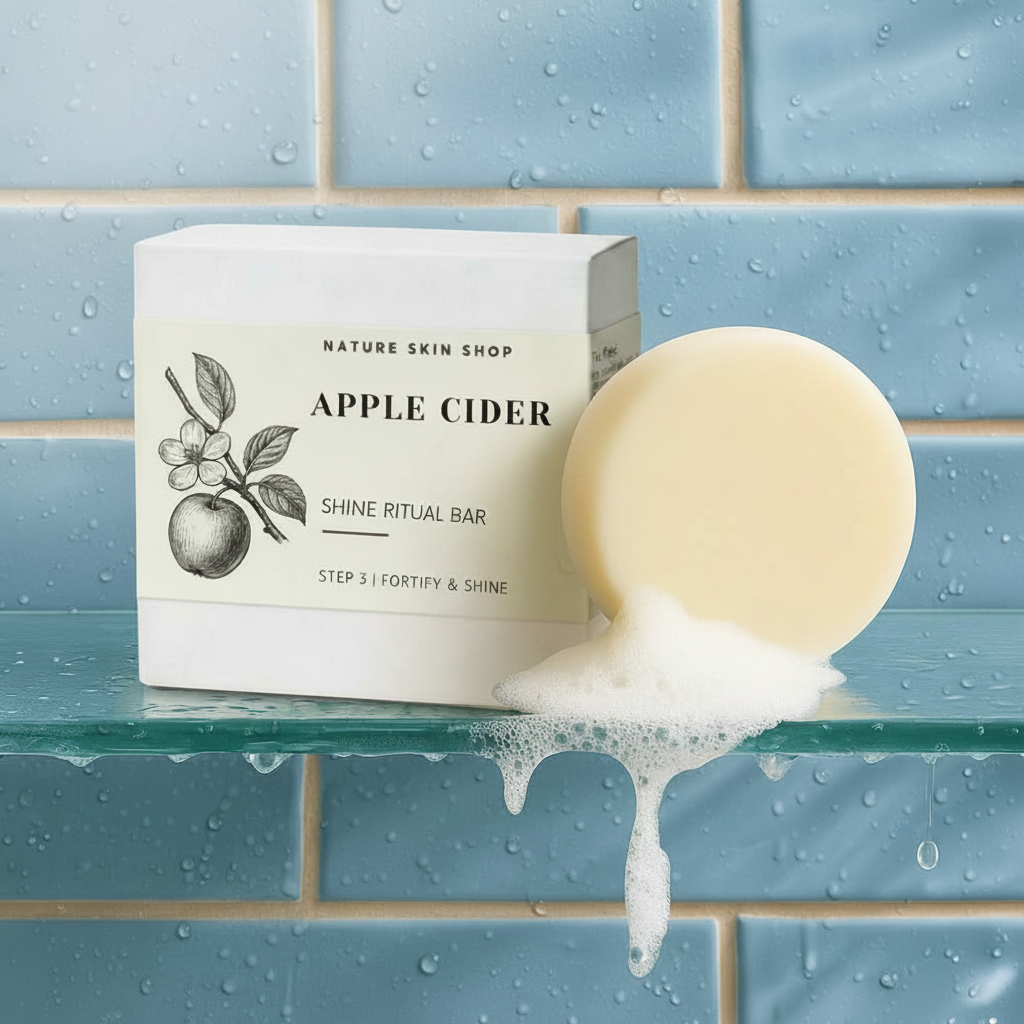 Bar of soap with packaging labeled 'Apple Cider' on a tiled bathroom shelf.
