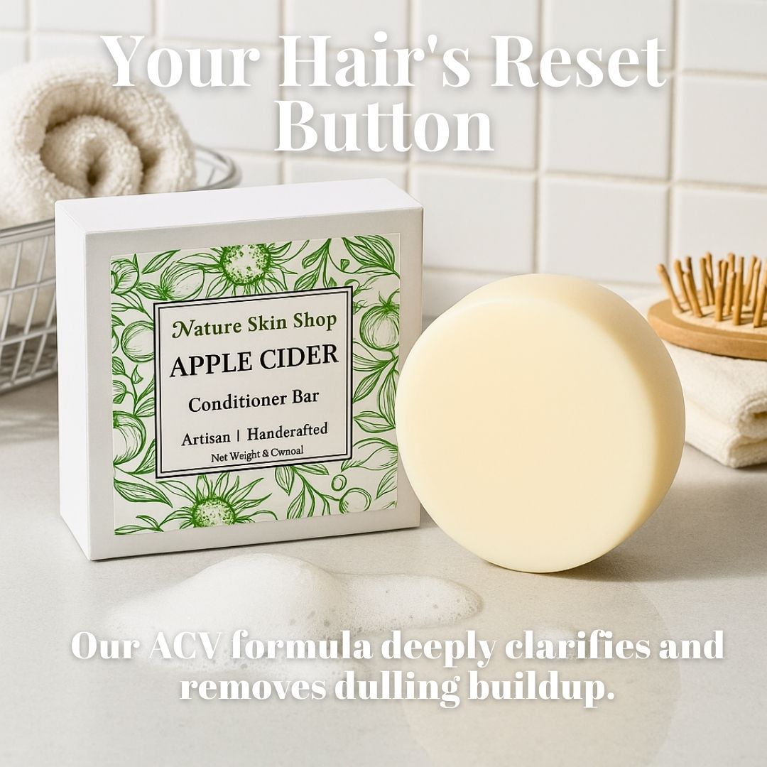 Apple cider conditioner bar with packaging on a bathroom counter