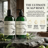 Two Nature's Skin Shop Apple Cider dual-action shampoo and conditioner bottles in dark green glass, styled on a stone surface with olives and surrounded by a product information graphic on the right.