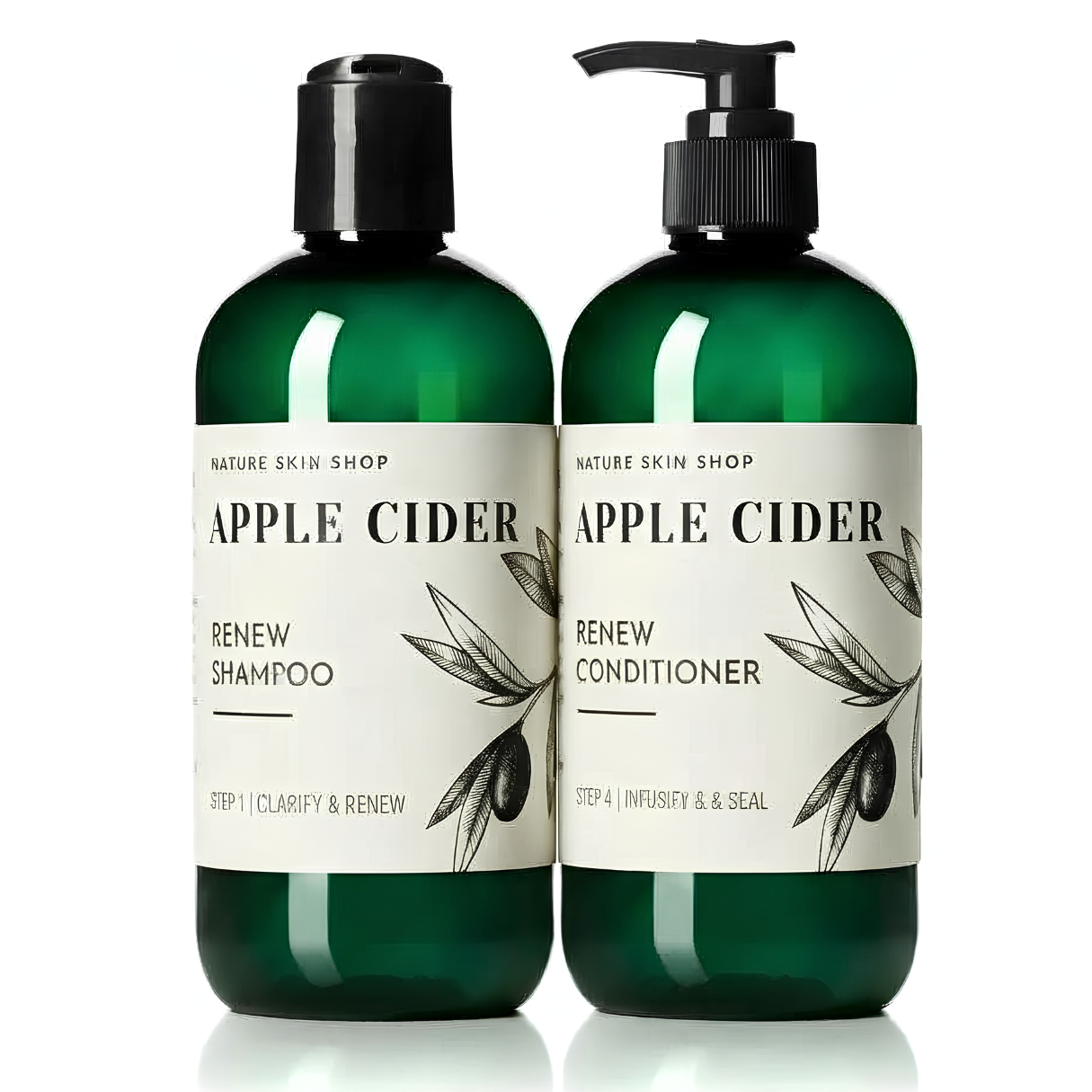 Two dark green plastic bottles from Nature Skin Shop, labeled Apple Cider Renew Shampoo and Apple Cider Renew Conditioner, with black pump and cap tops, shown on a white background.