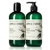 Two dark green plastic bottles from Nature Skin Shop, labeled Apple Cider Renew Shampoo and Apple Cider Renew Conditioner, with black pump and cap tops, shown on a white background.