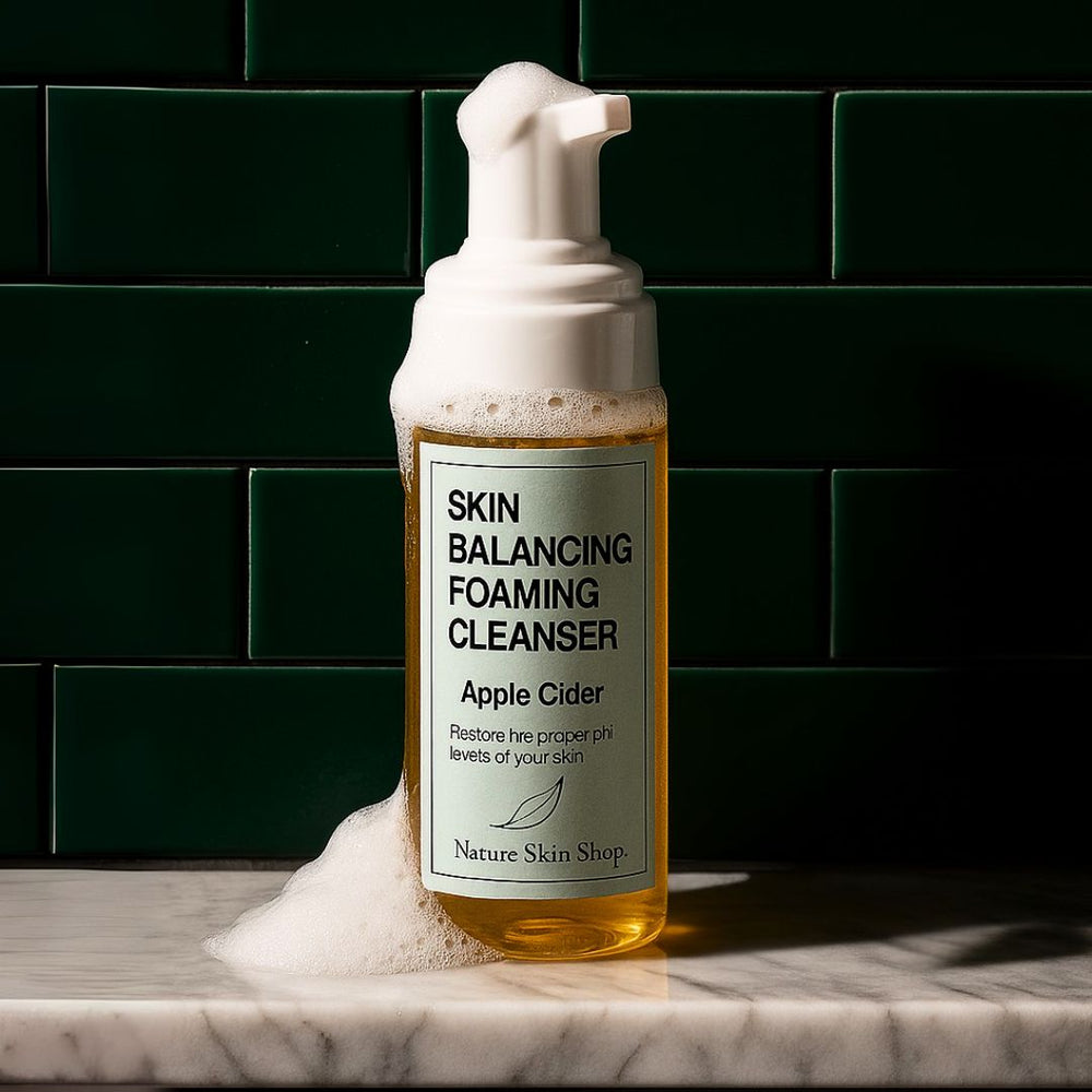 Skin balancing foaming cleanser bottle with label on a marble surface against a green tiled wall.