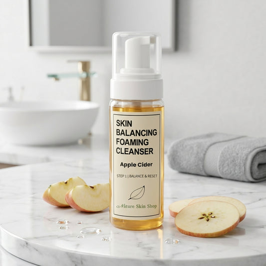 Foaming cleanser bottle labeled 'Skin Balancing Foaming Cleanser' on a marble surface with apple slices.