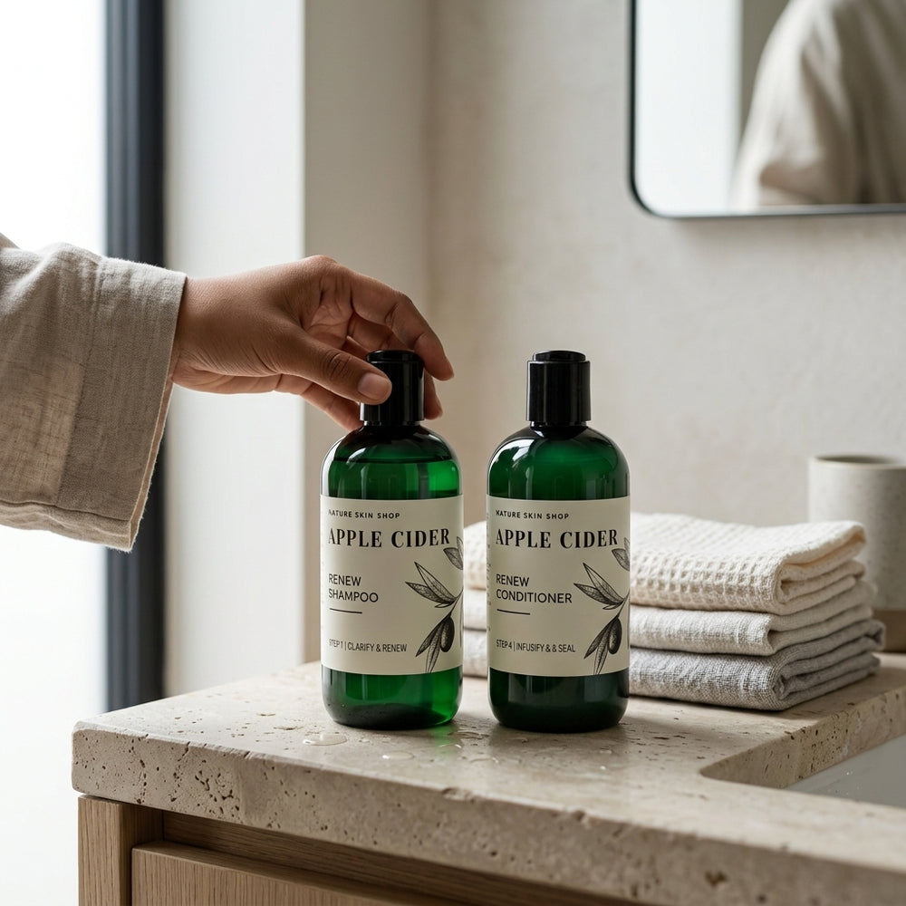 Two bottles of Apple Cider Renew Shampoo and Conditioner on a bathroom counter.