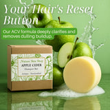 Apple cider shampoo bar with packaging and apples on a green background