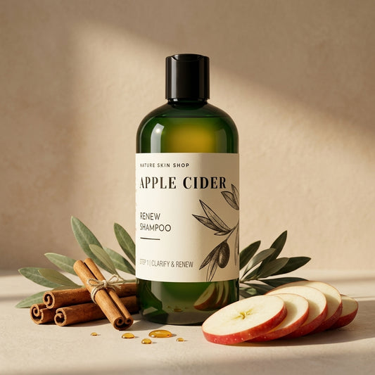 Bottle of 'Apple Cider' shampoo with apples, cinnamon sticks, and leaves on a beige background