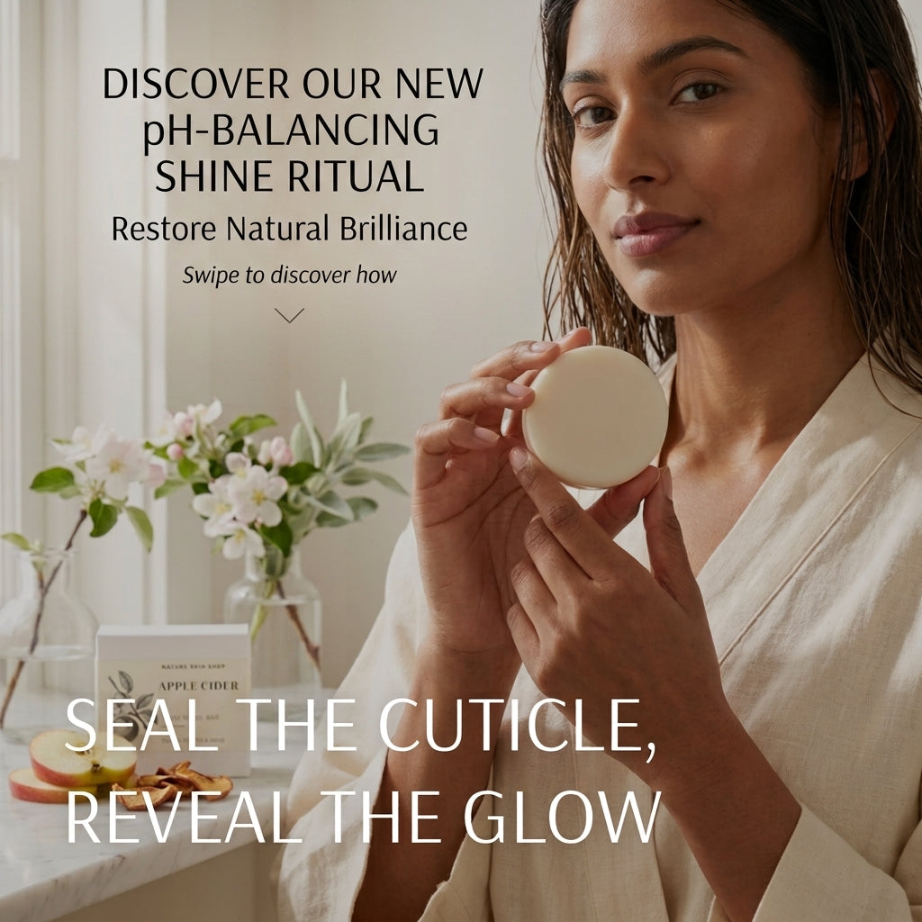 A woman in a cream robe holds a round beige cosmetic compact in a bright bathroom setting. Text on the image reads, 'DISCOVER OUR NEW pH-BALANCING SHINE RITUAL Restore Natural Brilliance Swipe to discover how' and 'SEAL THE CUTICLE, REVEAL THE GLOW.