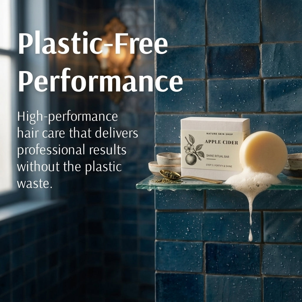 A boxed apple cider hair care product sits on a glass shelf against a dark blue tiled wall, with a bar of soap and a small bowl nearby. Large text on the left reads 'Plastic-Free Performance' and 'High-performance hair care that delivers professional results without the plastic waste.