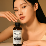 Woman holding a bottle of Apple Cider Vinegar and Rose Water Toner with a neutral background