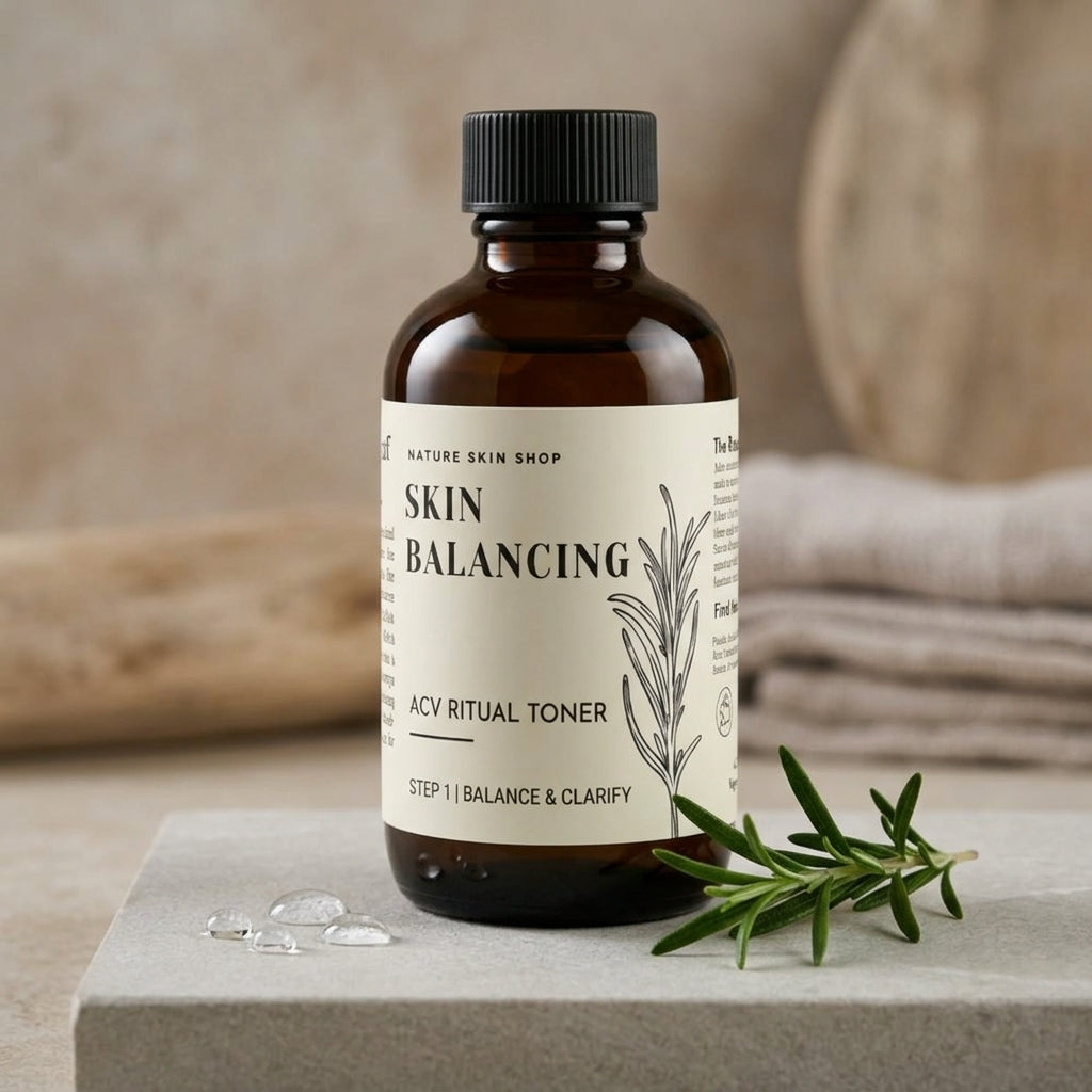 Bottle of 'Skin Balancing' toner with a label on a neutral background