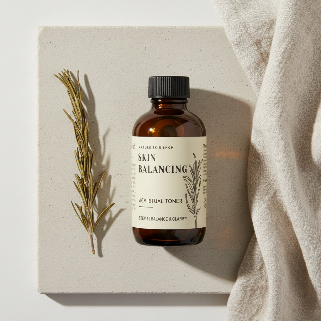 Skincare bottle labeled 'Skin Balancing' with a rosemary branch on a neutral background