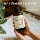 Hand holding a bottle of 'Skin Balancing' toner with text about skin care steps.