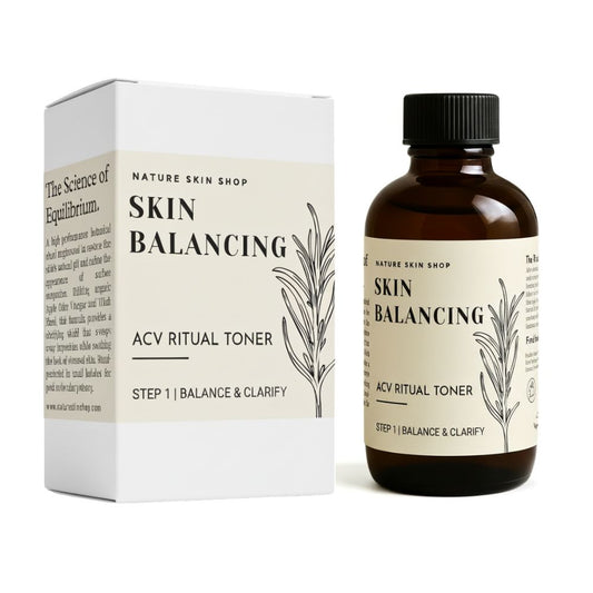 Skin balancing toner bottle and packaging with branding on a white background