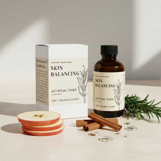 Skin balancing ACV ritual toner packaging with natural ingredients on a neutral background