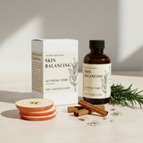 Skin balancing ACV ritual toner packaging with natural ingredients on a neutral background