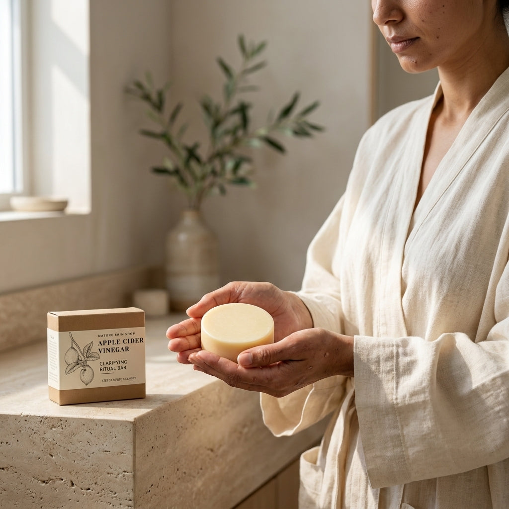 Person holding a bar of soap with a box labeled 'Apple Cider Vinegar' in a serene bathroom setting.