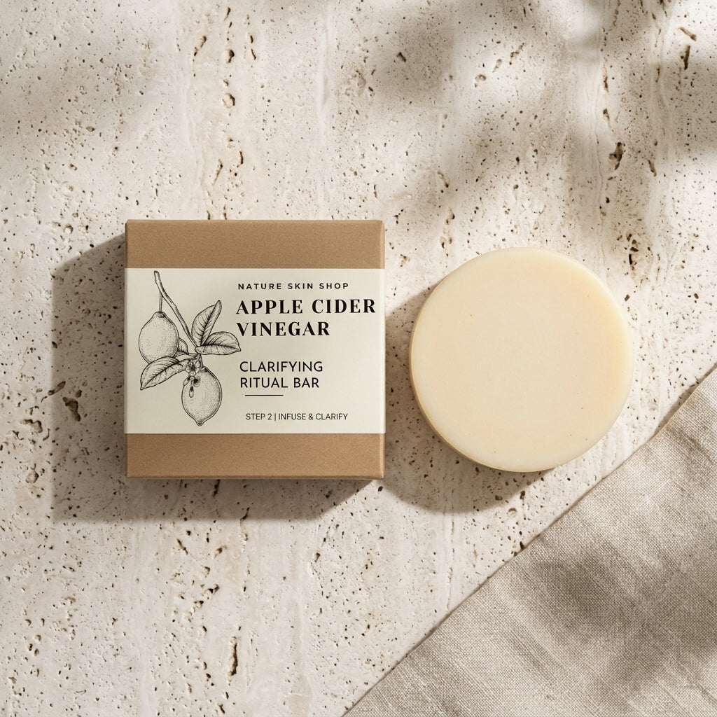 Bar of soap and packaging labeled 'Apple Cider Vinegar' on a textured surface