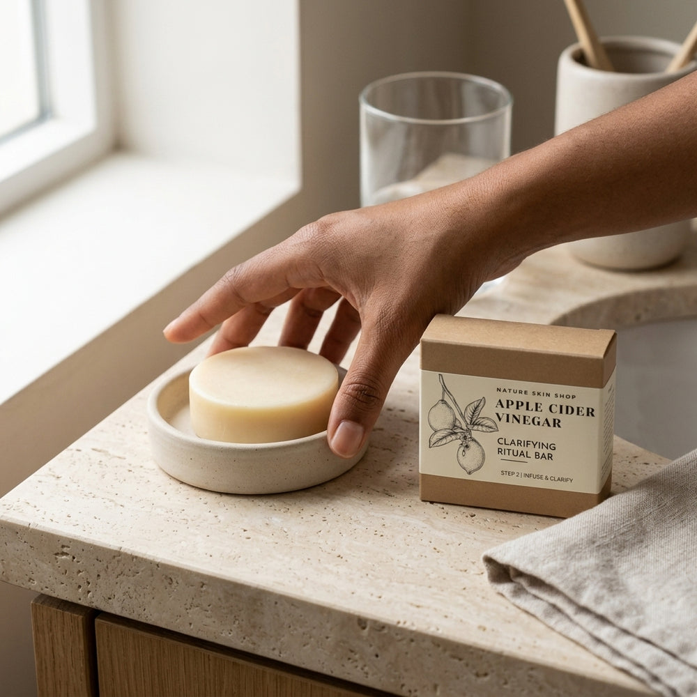 Hand reaching for a bar of soap on a stone surface with a box labeled 'Apple Cider Vinegar' in the background.