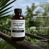Bottle of Apple Cider Vinegar and Rose Water Toner with nature-themed text on a blurred natural background