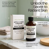 Apple cider vinegar and rose water toner packaging on a bathroom counter with text about its benefits.
