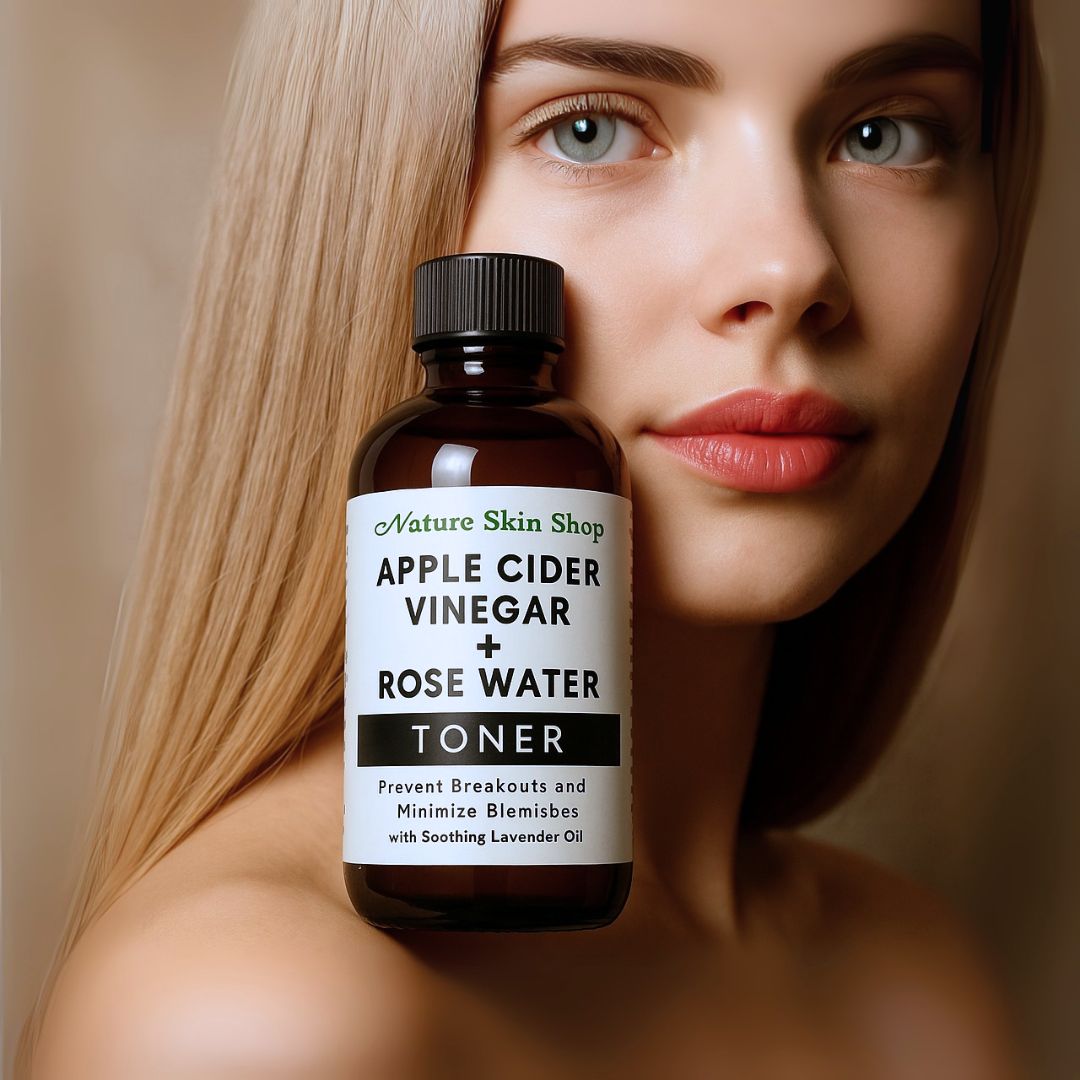 Bottle of Apple Cider Vinegar + Rose Water Toner held by a woman with a neutral background