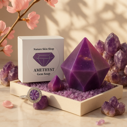 Amethyst gem soap with packaging and crystals on a wooden tray