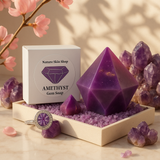 Amethyst gem soap with packaging and crystals on a wooden tray