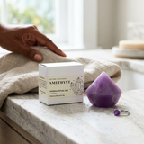 Amethyst mineral ritual bar with packaging on a marble surface