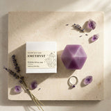 Amethyst mineral ritual bar with packaging on a stone surface with lavender and crystals.