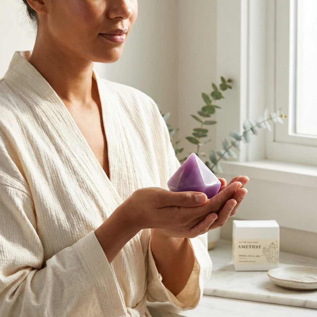 Woman in a white robe holding a purple crystal in a bright room with a plant and box in the background.