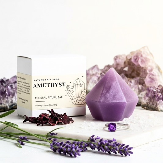 Amethyst mineral ritual bar with a crystal and lavender on a white background