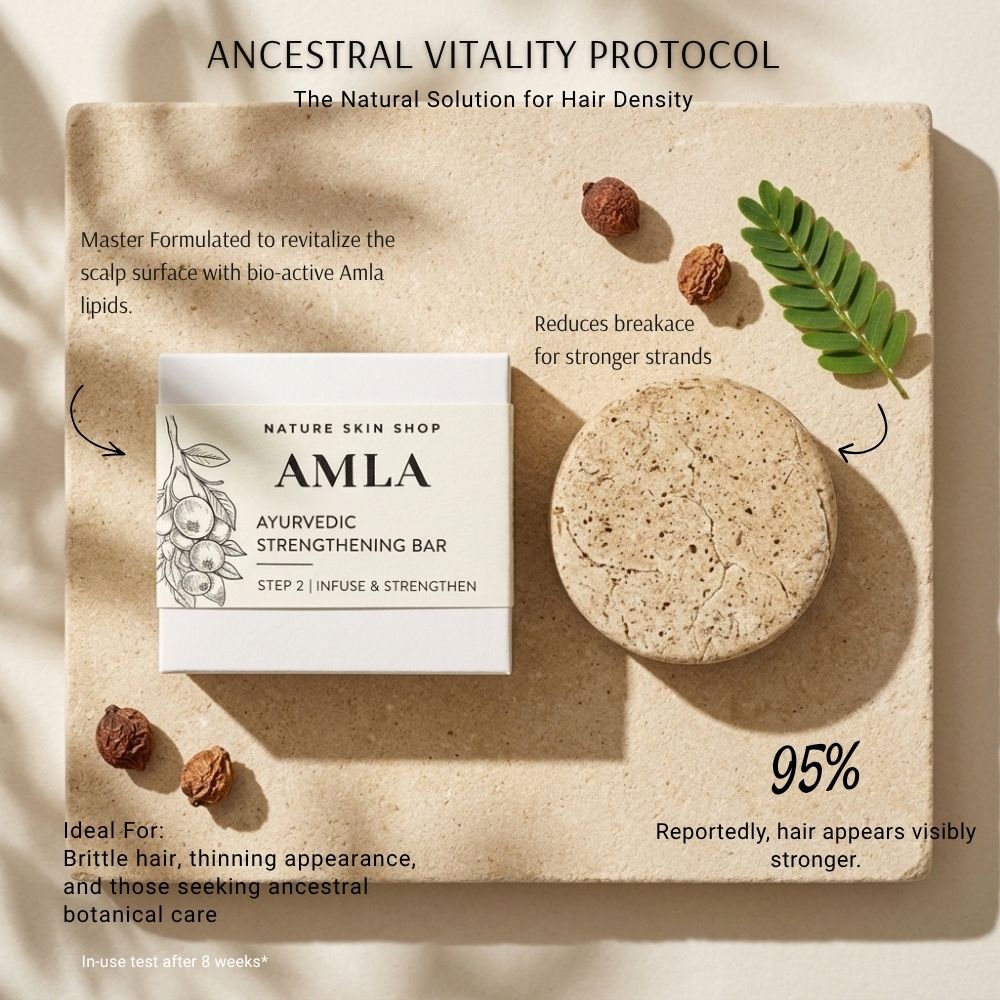 Nature Skin Shop Amla Ayurvedic Strengthening Bar on a beige background with botanical elements.