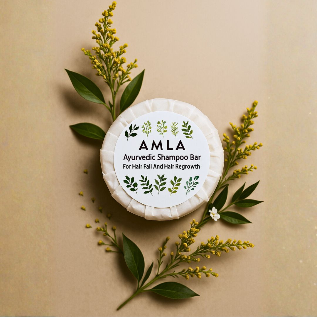 Amla Ayurvedic Shampoo Bar with leaves and flowers on a beige background
