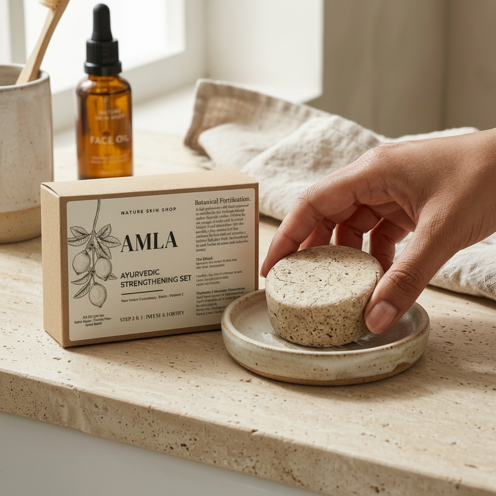 Person holding a natural sponge next to an Amla product box on a wooden surface.