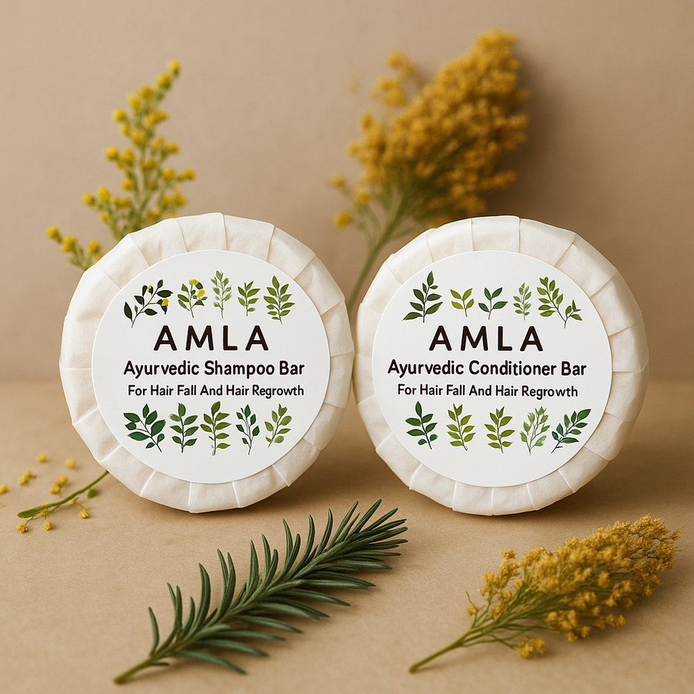 Two Amla Ayurvedic shampoo and conditioner bars with labels on a beige background with yellow flowers.
