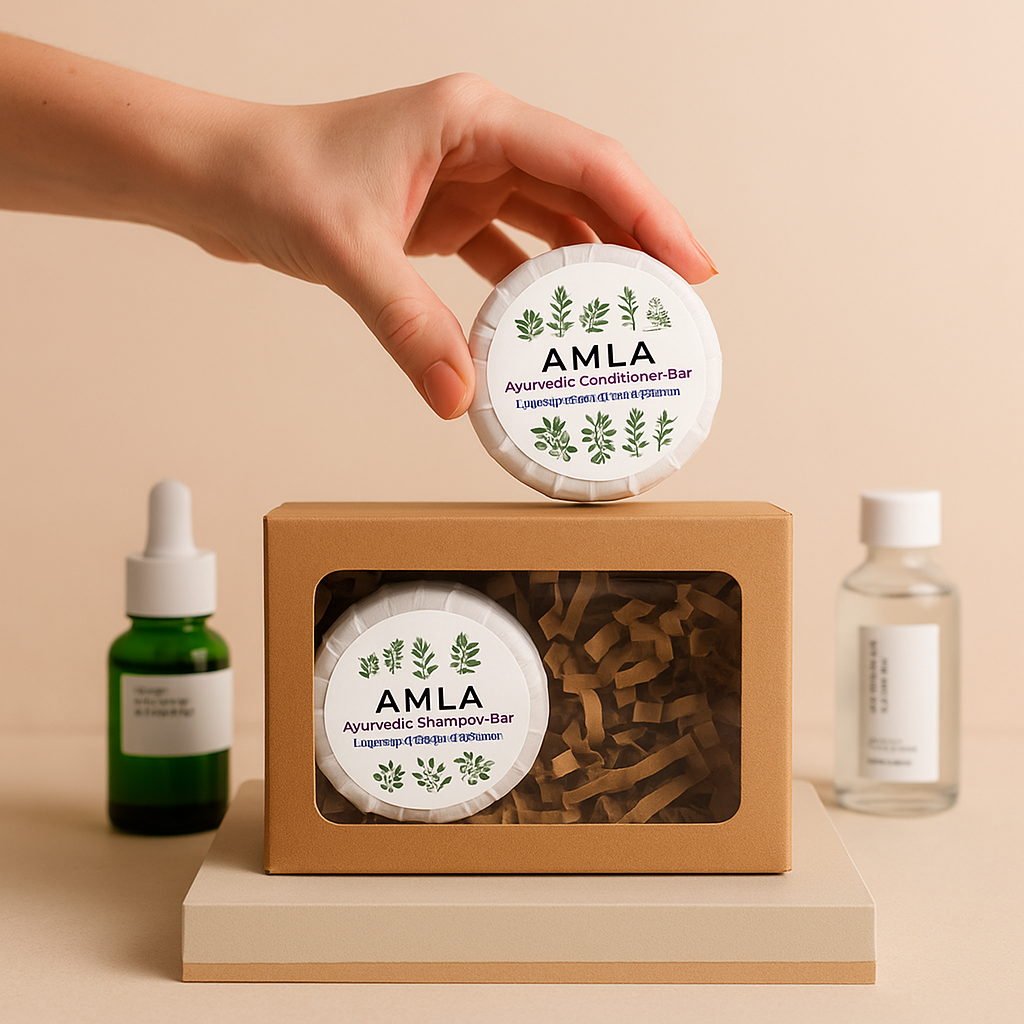 Hand holding an AMLA Ayurvedic Conditioner Bar above a box with more bars, on a beige background.