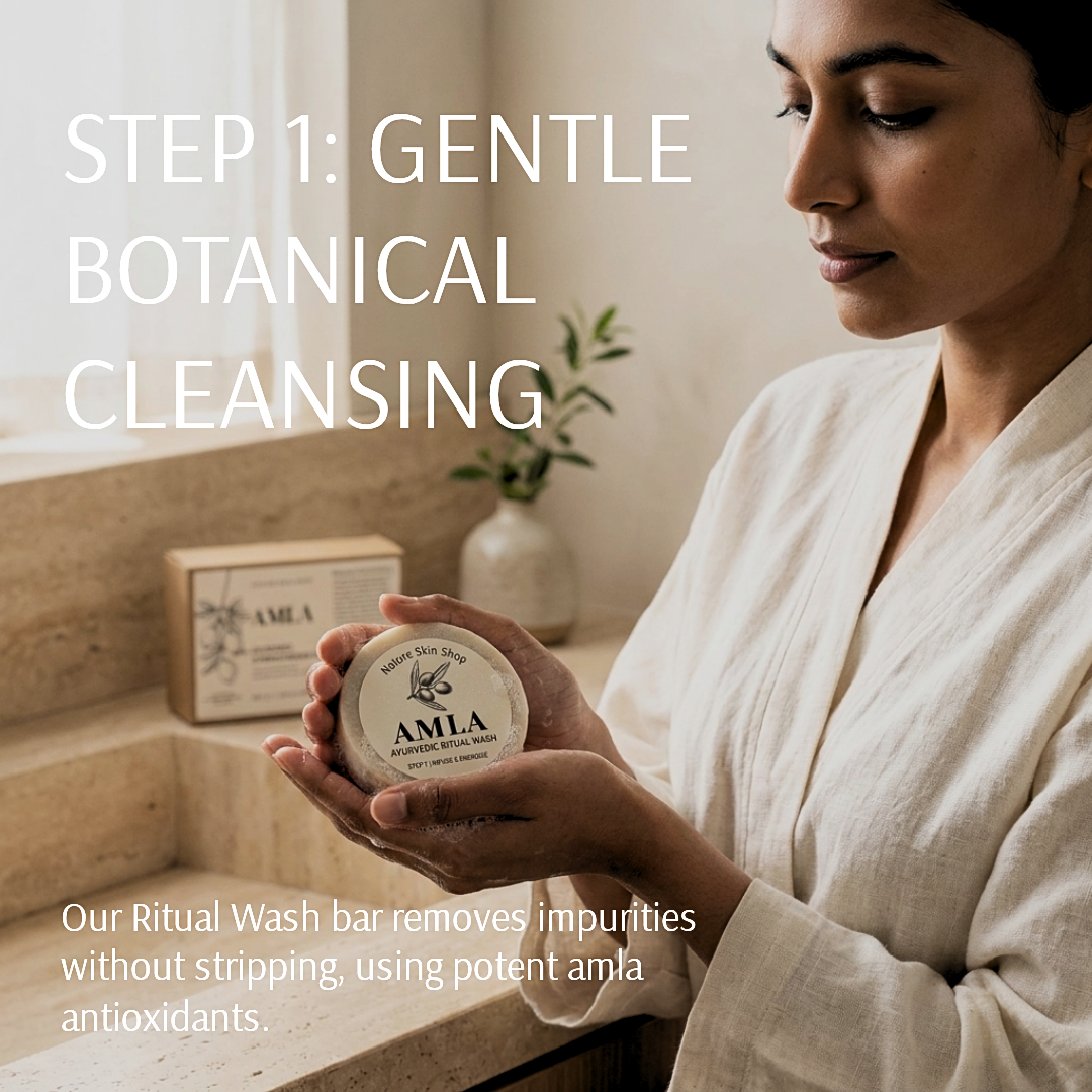 Woman holding a AMLA product with text about gentle botanical cleansing.