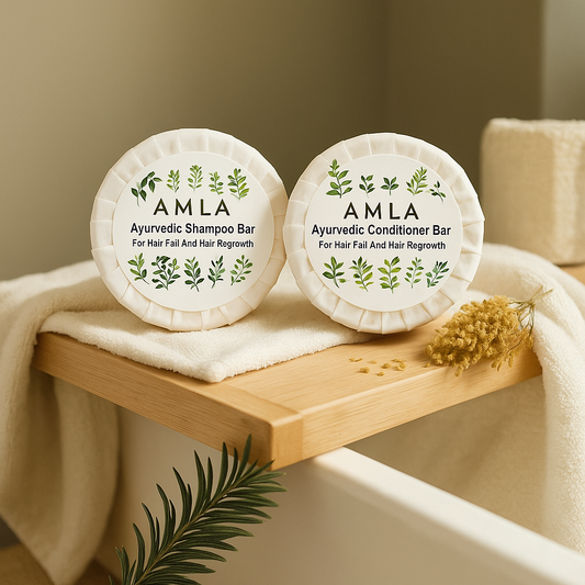 Two Amla Ayurvedic shampoo and conditioner bars on a wooden shelf with a neutral background.