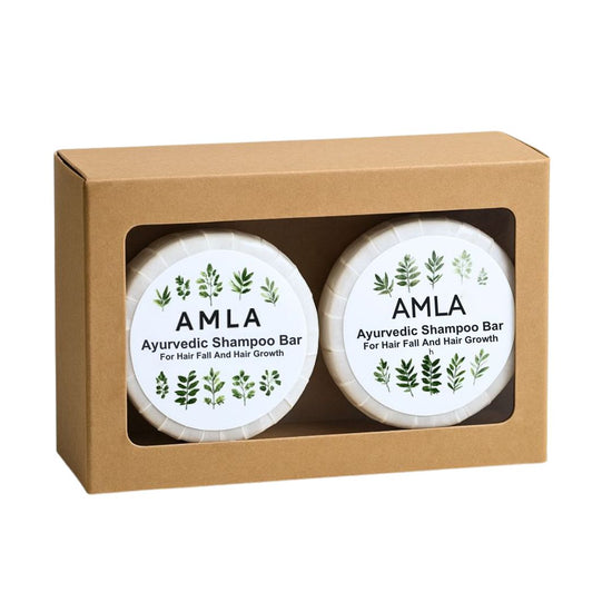 Two Amla Ayurvedic Shampoo Bars in a cardboard box on a white background