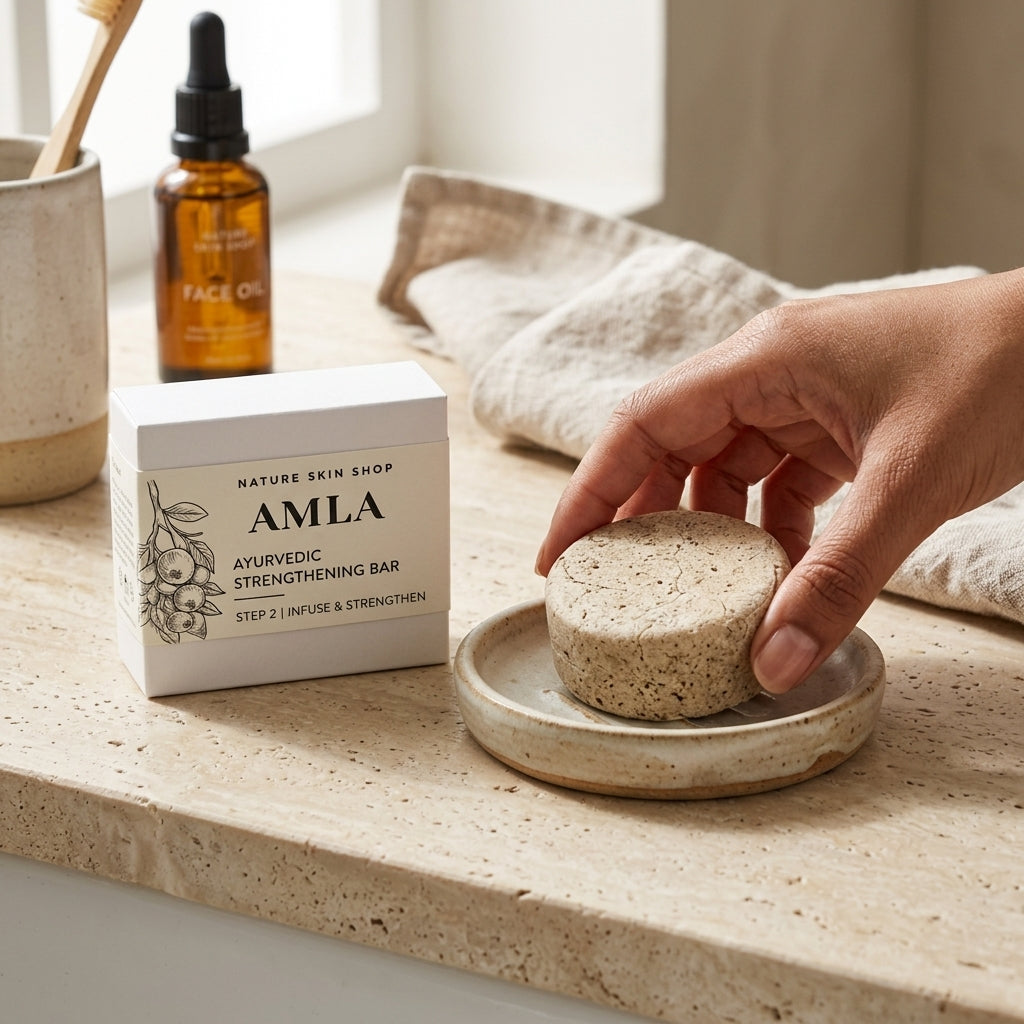 Hand holding a natural skincare product on a stone surface with 'AMLA' packaging.