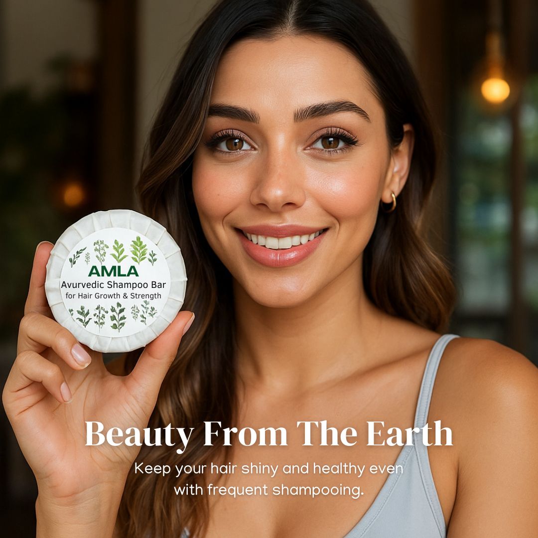 Woman holding an Amla Avurvedic Shampoo Bar with a blurred background