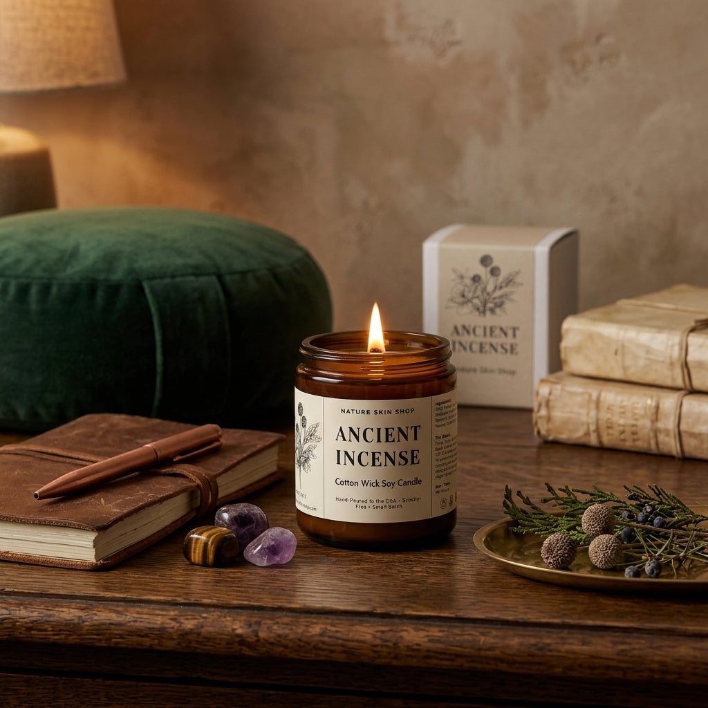 Candle labeled 'Ancient Incense' on a wooden surface with books and decorative items.