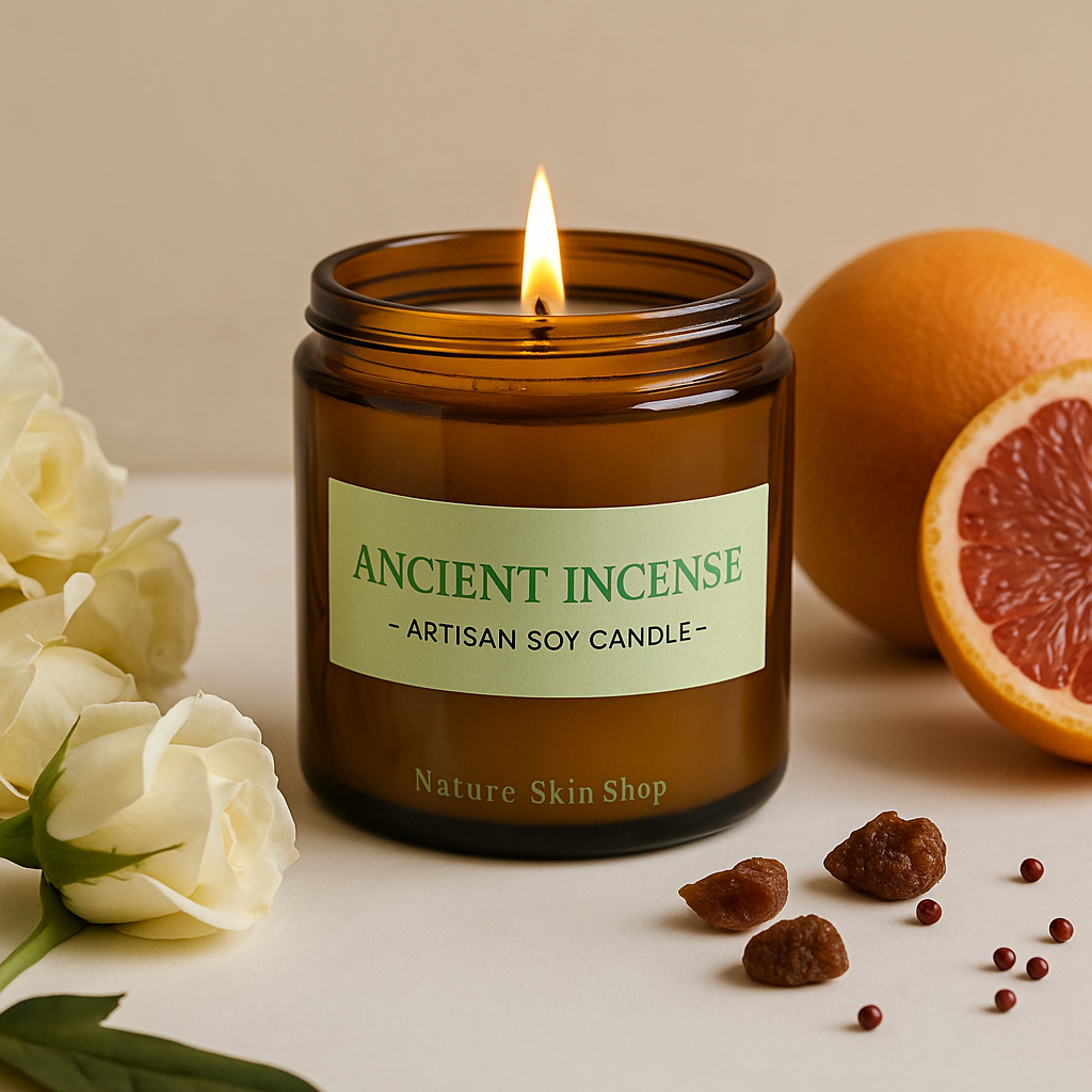 Artisan soy candle labeled 'Ancient Incense' from Nature Skin Shop, surrounded by white roses and oranges on a beige background.