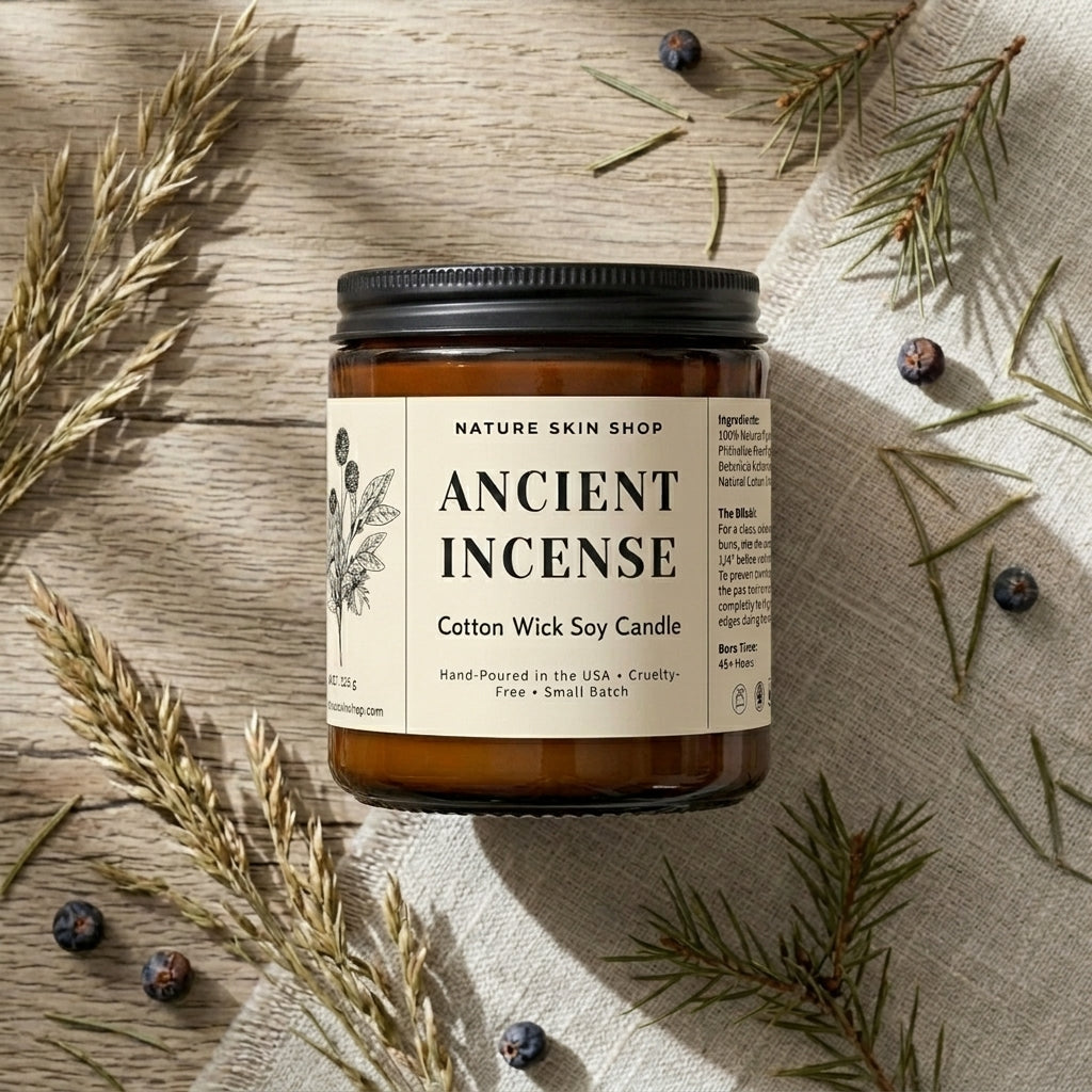 Candle jar labeled 'Ancient Incense' on a textured surface with natural elements.