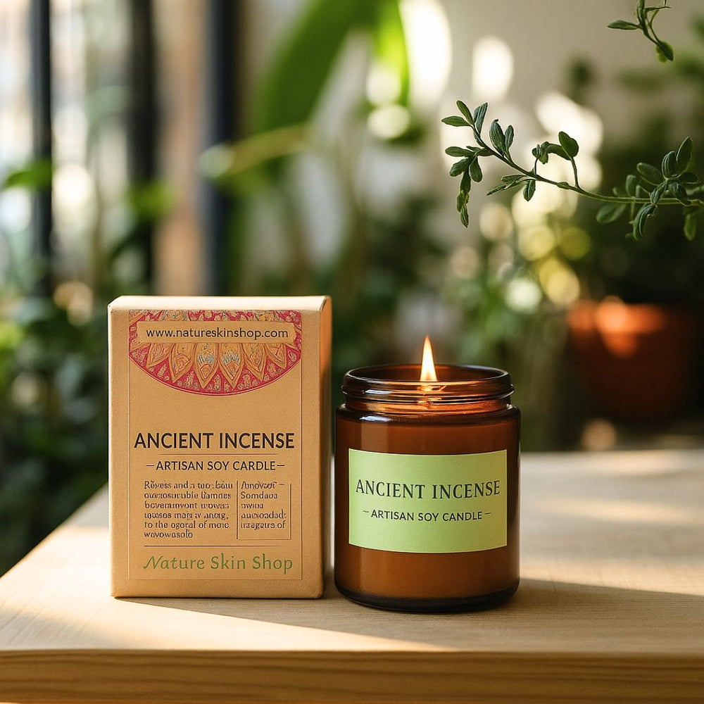 Ancient Incense candle and packaging on a wooden surface with plants in the background